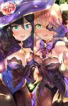  2girls aqua_eyes bangs bare_shoulders black_gloves black_hair black_legwear blonde_hair bow breasts commentary dress earrings eyepatch fischl_(genshin_impact) genshin_impact gloves green_eyes hair_ornament hair_over_one_eye hair_ribbon hat highleg highleg_leotard highres jewelry leotard long_hair looking_at_viewer medium_breasts mona_(genshin_impact) multiple_girls open_mouth pantyhose ribbon smile twintails two_side_up uenoryoma witch_hat 