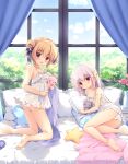  2girls :d ass bangs bare_arms bare_legs bare_shoulders barefoot bed_sheet blue_bow blush bow closed_mouth commentary_request curtains day double_bun dress eyebrows_visible_through_hair frilled_dress frilled_pillow frills hair_between_eyes hair_bow highres hoshigaoka_ciel inae_koron indoors kneeling koi_ni_kanmi_o_soete light_brown_hair long_hair looking_at_viewer lying miyasaka_nako multiple_girls on_side open_mouth pamu-chan pillow plaid plaid_bow red_eyes short_hair silver_hair sleeveless sleeveless_dress smile soles star_pillow stuffed_animal stuffed_bunny stuffed_cat stuffed_toy very_long_hair white_dress window yellow_bow 