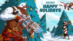  2boys aircraft airplane candy carrot christmas christmas_tree clouds decorations fighting fighting_stance food fortnite game_console gloves gun hat highres merry_christmas multiple_boys snow snowman tree video_game weapon 