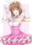  1girl :d animal_ears arm_garter armlet arms_up ascot bangs blush bob_cut border breasts brown_eyes brown_hair bunny_pose bunny_tail buttons collarbone commentary_request cross-laced_clothes detached_collar detached_sleeves dress elbow_gloves eyebrows_visible_through_hair fake_animal_ears fake_tail frilled_dress frills gloves hagiwara_yukiho hair_ribbon heart highres idolmaster idolmaster_(classic) looking_at_viewer medium_breasts open_mouth outside_border pink_background pink_dress rabbit_ears ribbon short_hair short_sleeves single_bare_shoulder single_detached_sleeve smile solo standing strapless strapless_dress tail tsurui white_border white_gloves white_neckwear white_ribbon 