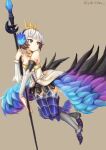  1girl armor artist_name boots crown gwendolyn_(odin_sphere) hairband holding holding_spear holding_weapon odin_sphere polearm spear umiroku weapon winged_footwear 