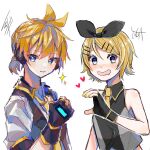  1boy 1girl black_bow black_gloves black_star_(module) black_vest blonde_hair blue_eyes blue_moon_(module) blush bow collaboration commentary crop_top fingerless_gloves gloves grey_shirt hair_bow hair_ornament hairclip headphones heart heart_hand_thumb_up_duo kagamine_len kagamine_rin kokutogeroama krlouvf looking_at_viewer necktie open_mouth project_diva_(series) saliva shirt short_hair short_necktie short_ponytail signature sketch smile sparkle spiky_hair upper_body vest vocaloid white_background yellow_neckwear 