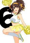  1girl absurdres bangs bare_shoulders brown_eyes brown_hair cheerleader dual_wielding eyebrows_visible_through_hair hair_ornament hairband haruhisky highres holding looking_at_viewer midriff pleated_skirt pom_poms short_hair simple_background skirt smile solo suzumiya_haruhi suzumiya_haruhi_no_yuuutsu yellow_hairband 