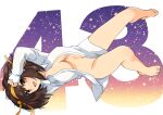  1girl bangs breasts brown_eyes brown_hair eyebrows_visible_through_hair hair_ornament hairband haruhisky highres long_sleeves medium_breasts medium_hair naked_shirt shiny shiny_hair shiny_skin shirt simple_background solo suzumiya_haruhi suzumiya_haruhi_no_yuuutsu white_shirt yellow_hairband 