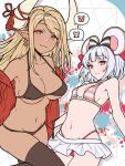  2girls animal_ears bikini black_bikini blonde_hair dark_skin dark-skinned_female draph fake_animal_ears granblue_fantasy highleg highleg_bikini highres horns kuvira_(granblue_fantasy) ll_0109 mouse_ears multiple_girls pointy_ears red_bikini red_eyes short_hair swimsuit vikala_(granblue_fantasy) white_hair 