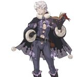  1boy black_cape black_gloves book cape clothing_cutout commentary dizdoodz english_commentary eyelashes gloves highres holding holding_book long_sleeves looking_to_the_side male_focus navel navel_cutout original parted_lips puffy_sleeves purple_ribbon ribbon short_hair solo white_background white_hair 