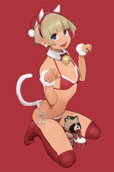  1girl animal_ears bangs bikini blonde_hair blue_eyes breasts cat_ears cat_tail commentary_request dark-skinned_girl_(yomu_(sgt_epper)) dark_skin drum drumsticks earrings fake_animal_ears fake_tail fur_trim ganbare_douki-chan highres instrument jewelry looking_at_viewer open_mouth paw_pose red_background red_bikini red_legwear round_teeth side-tie_bikini sidelocks sitting small_breasts solo swimsuit tail tanuki teeth thigh-highs wariza yomu_(sgt_epper) 