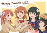  4girls birthday_cake black_hair blue_serafuku brown_eyes brown_hair cake dated food gekota green_eyes ha_neko happy_birthday head_wreath long_hair misaka_mikoto multiple_girls sakugawa_school_uniform saten_ruiko school_uniform serafuku shirai_kuroko short_hair sweater_vest toaru_kagaku_no_railgun toaru_majutsu_no_index tokiwadai_school_uniform twintails uiharu_kazari upper_body 