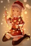  1girl :d bangs black_footwear black_legwear blonde_hair boots bow capelet christmas christmas_lights commentary_request dress eyebrows_visible_through_hair fate/kaleid_liner_prisma_illya fate_(series) full_body fur-trimmed_capelet fur-trimmed_dress fur-trimmed_headwear fur_trim hair_between_eyes hand_up hat highres holding illyasviel_von_einzbern long_hair looking_at_viewer nasii open_mouth red_bow red_capelet red_dress red_eyes red_headwear santa_costume santa_hat sitting smile solo thigh-highs thigh_boots wariza 