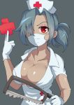 1girl bonesaw breasts chamane cleavage collarbone dress eyepatch face_mask female front_view gloves grey_background grey_hair holding_object large_breasts looking_at_viewer mask nurse nurse_cap ponytail red_eyes saw shiny_skin simple_background skullgirls solo upper_body valentine_(skullgirls) white_dress 