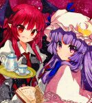  2girls :d bat_wings black_skirt black_vest blush book bookmark bow breasts collared_shirt commentary_request crescent crescent_moon_pin cup dress_shirt eyebrows_visible_through_hair eyelashes fang hair_between_eyes hat hat_bow head_wings holding holding_book juliet_sleeves koakuma light_particles long_hair long_sleeves looking_at_viewer looking_back medium_breasts mob_cap multiple_girls necktie open_book open_mouth patchouli_knowledge pentagram pink_capelet puffy_sleeves purple_hair qqqrinkappp red_background red_eyes red_neckwear redhead saucer shikishi shirt sidelocks simple_background skin_fang skirt skirt_set slit_pupils smile teacup teapot touhou traditional_media tray vest violet_eyes white_shirt wings 