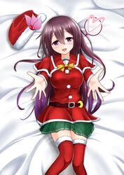  1girl absurdres alternate_breast_size blanket breasts brown_hair capelet christmas fur-trimmed_headwear fur-trimmed_legwear fur_trim green_skirt hat headgear_removed heart highres jacket jewelry kantai_collection kisaragi_(kantai_collection) kisaragi_mizuto large_breasts long_hair lying on_bed open_mouth red_capelet red_headwear red_jacket red_legwear ribbon ring santa_costume santa_hat skirt solo thigh-highs violet_eyes 