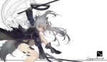  1girl animal_ears arknights arm_up black_footwear black_jacket black_shorts boots character_name commentary dual_wielding fighting_stance floating_hair grey_hair holding holding_sword holding_weapon jacket knee_up kuroduki_(pieat) lappland_(arknights) messy_hair open_clothes open_jacket oripathy_lesion_(arknights) shorts simple_background solo sword tail weapon white_background wolf_ears wolf_tail 
