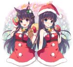  2girls :d :o animal_ear_fluff animal_ears bangs bare_shoulders black_hair blue_eyes blunt_bangs blush bow breasts character_request commentary_request dress eyebrows_visible_through_hair fur-trimmed_dress fur-trimmed_headwear fur-trimmed_mittens fur_trim gift green_bow hair_bow hand_up hands_up hat holding holding_gift holding_sack kasumi_(princess_connect!) long_hair mauve merry_christmas mittens multiple_girls nose_blush open_mouth parted_lips princess_connect! princess_connect!_re:dive red_dress red_headwear red_mittens sack santa_costume santa_hat small_breasts smile sparkle strapless strapless_dress twitter_username upper_teeth very_long_hair violet_eyes 