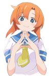  1girl :3 blue_eyes blue_sailor_collar closed_mouth eyebrows_visible_through_hair fingers_together head_tilt highres higurashi_no_naku_koro_ni memoi orange_hair ryuuguu_rena sailor_collar school_uniform shirt short_sleeves smile solo white_background white_shirt yellow_neckwear 