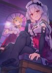  2girls aiguillette ajax_(azur_lane) azur_lane backlighting bangs beret black_bow black_gloves black_legwear blonde_hair bow capelet chair closed_mouth crossed_legs cup dutch_angle elbow_gloves gloves green_eyes grin hair_ribbon hair_tie half-closed_eyes half_gloves hand_on_own_chin hat hat_bow high-waist_skirt holding holding_cup indoors leander_(azur_lane) long_hair looking_at_viewer multiple_girls pantyhose pink_sky pleated_skirt red_eyes red_skirt ribbon shirt short_sleeves silver_hair sitting skirt smile sun teacup thigh-highs twintails white_capelet white_gloves white_headwear white_shirt window yasumo_(kuusouorbital) 