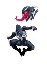  1boy armor blue_eyes clenched_hand dan_mora glowing glowing_eyes highres long_tongue looking_to_the_side marvel multiple_views open_hand open_mouth profile redesign sharp_teeth spider-man_(series) teeth tokusatsu tongue venom_(marvel) 