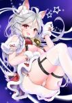  1girl absurdres ahoge animal_ears azur_lane bell bell_collar black_collar blue_background bow breasts classic_(zildjian33) collar commentary_request fang gloves highres long_hair looking_at_viewer medium_breasts panties pantyshot paws red_eyes silver_hair skin_fang smile solo under_boob underwear white_background white_bow white_gloves white_legwear white_panties yuudachi_(azur_lane) yuudachi_(woofy_floofy_christmas_night)_(azur_lane) 