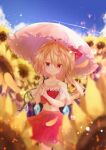  1girl absurdres bare_shoulders blonde_hair blue_sky blurry blurry_background blurry_foreground breasts calpis118 closed_mouth collarbone cowboy_shot crop_top day eyebrows_visible_through_hair field flandre_scarlet flower flower_field hair_between_eyes highres holding holding_umbrella long_hair looking_at_viewer midriff navel no_hat no_headwear outdoors pleated_skirt red_eyes red_skirt side_ponytail skirt sky small_breasts solo sunflower touhou umbrella white_umbrella yellow_flower 