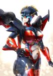  1girl absurdres airplane_wing autobot blue_eyes breasts covered_nipples hand_on_hip highres large_breasts looking_to_the_side mecha no_humans oberon826 solo thick_thighs thighs transformers windblade 