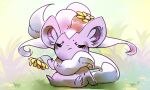  cinccino closed_eyes closed_mouth commentary creature english_commentary facing_viewer flower frown full_body gen_5_pokemon grass hair_flower hair_ornament no_humans pinkgermy pokemon pokemon_(creature) sitting solo 