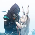  1girl 1other ambiguous_gender animal_ear_fluff animal_ears arknights arm_up black_gloves black_jacket commentary doctor_(arknights) frostnova_(arknights) gloves grey_eyes grey_shirt hair_over_one_eye hairband highres hood hood_up jacket long_hair looking_at_another mask open_clothes open_jacket rabbit_ears reclining scar scar_on_face scar_on_nose shirt spoilers white_background white_hair white_jacket xion32 