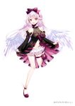  1girl angel angel_wings black_sleeves bow commission earrings feathered_wings feathers highres jewelry low_wings multicolored_hair myusha pro_production purple_bow sakura_isumi virtual_youtuber white_feathers white_wings wings 