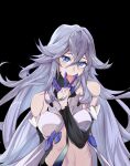  bare_shoulders black_background blue_eyes blush character_request collarbone fingernails frills grey_hair hair_between_eyes highres honkai_(series) honkai_impact_3rd huiqian long_hair saliva saliva_trail sexually_suggestive simple_background tongue tongue_out v v_over_mouth 