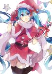  1girl :d bangs black_legwear blue_eyes blue_hair blush boots bow candy candy_cane capelet commentary_request dress eyebrows_visible_through_hair food fur-trimmed_capelet fur-trimmed_dress fur-trimmed_gloves fur-trimmed_headwear fur_trim gloves hair_between_eyes hair_bow hands_up hat hatsune_miku highres holding holding_candy holding_food long_hair open_mouth pennant red_bow red_capelet red_dress red_footwear red_gloves red_headwear santa_costume santa_hat simple_background smile solo standing standing_on_one_leg star_(symbol) string_of_flags thigh-highs twintails very_long_hair vocaloid white_background yuruno 