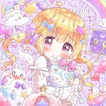  1girl :t ahoge balloon blonde_hair blue_bow bow closed_mouth diary flower frilled_bow frilled_pillow frilled_sleeves frills hair_bow hair_ribbon heart holding holding_pillow key long_sleeves neko_satou original pillow pink_bow pink_eyes purple_ribbon rainbow ribbon solo star_(symbol) tearing_up twintails white_ribbon yume_kawaii 
