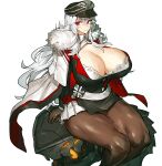  1girl azur_lane black_headwear breasts brown_gloves closed_mouth eyebrows_visible_through_hair fur_trim gloves graf_zeppelin_(azur_lane) hair_between_eyes hat huge_breasts long_hair melon22 pantyhose red_eyes simple_background sitting solo white_background white_hair 