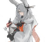  1girl animal_ears arknights coat eyebrows_visible_through_hair frostnova_(arknights) grey_eyes grey_hair hair_ornament hair_over_one_eye hairclip highres holding holding_mask long_hair looking_at_viewer mask mikojin rabbit_ears simple_background snow solo standing upper_body white_background white_coat 