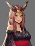  alternate_costume bare_shoulders blue_eyes breasts colored_skin commission commissioner_upload fire_emblem fire_emblem_heroes highres horns japanese_clothes kimono large_breasts lipstick looking_at_viewer makeup mask nuibaba pointy_ears purple_hair purple_skin sai_(saikun) tongue tongue_out upper_body yukata 