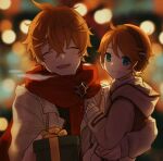  2boys alternate_costume bangs blue_eyes box breath brothers carrying child christmas closed_eyes crossed_bangs earmuffs genshin_impact gift gift_box grin hair_between_eyes highres holding holding_gift jacket jewelry korean_commentary long_sleeves male_focus marimo_jh multiple_boys open_mouth orange_hair red_scarf scarf siblings single_earring smile tartaglia_(genshin_impact) teucer_(genshin_impact) 