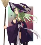  1girl broom closed_mouth fire_emblem fire_emblem:_three_houses from_side green_eyes green_hair halloween_costume hat highres holding long_hair looking_to_the_side rhea_(fire_emblem) sakuremi solo witch_hat 