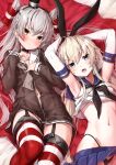 2girls amatsukaze_(kantai_collection) armpits black_dress black_neckwear black_panties blonde_hair blue_sailor_collar blue_skirt blush brown_eyes closed_mouth collarbone commentary_request crop_top dress elbow_gloves eyebrows_visible_through_hair gloves grey_eyes hair_between_eyes hair_tubes highleg highleg_panties kantai_collection long_hair long_sleeves miniskirt multiple_girls navel neckerchief open_mouth panties pleated_skirt red_legwear sailor_collar sailor_dress shimakaze_(kantai_collection) silver_hair skirt sleeveless takanashi_kei_(hitsujikan) thigh-highs two_side_up underwear white_gloves white_sailor_collar windsock 