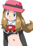  1girl blue_eyes breasts brown_hair closed_mouth cosplay elbow_gloves gloves hainchu hat jessie_(pokemon) jessie_(pokemon)_(cosplay) long_hair looking_at_viewer midriff navel pokemon pokemon_(game) pokemon_xy serena_(pokemon) simple_background solo team_rocket_uniform white_background 