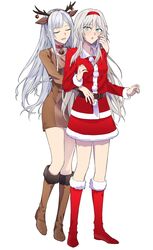  2girls absurdres ak-12_(girls_frontline) an-94_(girls_frontline) animal_costume belt boots full_body girls_frontline highres knee_boots miniskirt multiple_girls reindeer_costume santa_costume skirt suprii 