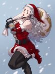  1girl abs alternate_costume belt black_belt breasts cross cross_earrings dorohedoro dress earrings fur-trimmed_dress fur_trim gift_bag hat highres jewelry large_breasts leg_up long_hair looking_at_viewer muscular muscular_female noi_(dorohedoro) open_mouth over_shoulder red_eyes red_footwear santa_costume santa_hat smile snowing solo thigh-highs thighs uei_(uei73661268) white_hair 