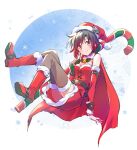  1girl bare_shoulders black_hair boots candy candy_cane cape capelet christmas dress food fur-trimmed_dress fur-trimmed_headwear fur_trim gradient_hair grey_eyes highres iesupa multicolored_hair neck_bell red_cape red_capelet red_dress red_headwear redhead ruby_rose rwby santa_boots santa_costume santa_dress short_hair solo thigh-highs two-tone_hair 