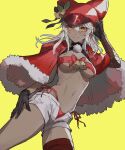  1girl bandaged_arm bandaged_leg bandages bangs bell beltbra bikini black_gloves blush breasts capelet commentary_request dark_skin fur_trim gloves guilty_gear guilty_gear_strive hat medium_breasts medium_hair orange_eyes oro_(sumakaita) ramlethal_valentine red_bikini red_ribbon ribbon short_shorts shorts side-tie_bikini smile solo swimsuit white_hair yellow_background 