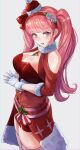  1girl alternate_costume breasts christmas fire_emblem fire_emblem:_three_houses fire_emblem_heroes gloves hairband highres hilda_valentine_goneril ippers looking_at_viewer open_mouth pink_hair red_eyes santa_costume simple_background solo twintails upper_body 