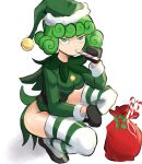 1girl adapted_costume breasts candy candy_cane commentary curly_hair dress english_commentary flipped_hair food full_body green_dress green_eyes green_hair green_headwear hat looking_at_viewer mittens one-punch_man rakeem_garcia-cueto sack santa_hat short_hair side_slit small_breasts solo squatting striped striped_legwear tatsumaki thigh-highs 
