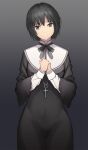  1girl amagami bangs black_background black_bow black_dress black_hair black_neckwear bob_cut bow brown_eyes collar commentary cross cross_necklace dress gradient gradient_background grey_background habit hair_strand hands_clasped hands_together head_tilt highres jewelry light_smile long_sleeves looking_at_viewer nanasaki_ai neck_ribbon necklace nun own_hands_together ribbon serizawa_(serizawaroom) short_hair solo standing w_arms white_collar 
