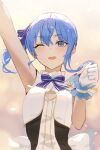 1girl arm_up armpits blue_eyes blue_hair blush bow bowtie clenched_hand eyebrows_visible_through_hair gloves hair_between_eyes hand_up highres hololive hoshimachi_suisei looking_at_viewer one_eye_closed purple_neckwear purple_ribbon ribbon seon_(seonon_) side_ponytail sleeveless smile solo sweat upper_body virtual_youtuber white_gloves 