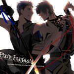  2boys belt black_gloves clenched_teeth copyright_name earrings eye_contact gloves highres holding holding_sword holding_weapon hoop_earrings jewelry krkn_ruka looking_at_another male_focus multiple_boys pixiv_fantasia pixiv_fantasia_last_saga red_ribbon ribbon sleeveless sword teeth weapon white_background 