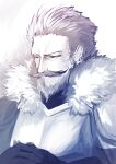  1boy aiden_the_holy_sword armor beard black_gloves brown_hair facial_hair fur_trim gloves hands_together highres male_focus miyatsuki_sorako mustache pixiv_fantasia pixiv_fantasia_last_saga simple_background solo upper_body younger 