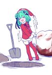  1girl alternate_costume bag blush boots closed_eyes commentary_request double_bun fang full_body green_eyes green_hair hat highres hololive open_mouth santa_hat shovel smile solo thigh-highs thigh_boots translation_request uruha_rushia white_background yorumikan 
