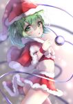  1girl :o bad_anatomy blurry blurry_background blush capelet commentary_request cowboy_shot depth_of_field dfra dress eyeball eyebrows_visible_through_hair flat_chest fur_trim green_eyes green_hair hair_between_eyes hat heart heart-shaped_pupils highres komeiji_koishi looking_at_viewer looking_back navel red_capelet red_dress red_headwear santa_costume santa_hat short_hair solo standing symbol-shaped_pupils third_eye touhou wristband 