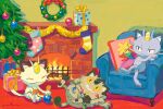  alolan_form alolan_meowth box chair character_print christmas christmas_lights christmas_tree closed_eyes closed_mouth cushion fangs fangs_out fire fireplace galarian_form galarian_meowth gatao gen_1_pokemon gen_7_pokemon gen_8_pokemon gift gift_box gossifleur indoors meowth no_humans paws pokemon pokemon_(creature) signature sitting smile symbol_commentary teeth wreath 